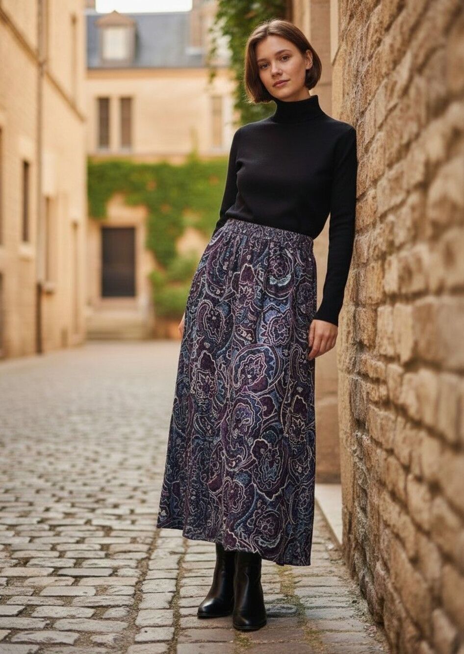 VTG Bice Paisley Midi Skirt 8P Nordstrom 90s Office Siren Dark Academia Brown